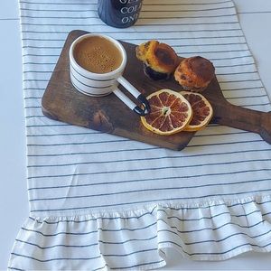 HAND-CRAFTED! Off - White Ruffled Table Runner - Cotton Striped Fabric